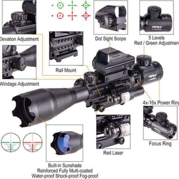 3 in 1 Scope Combo, 4-16x50EG Illuminated Rangefinder Rifle Scope, Red Laser × 4